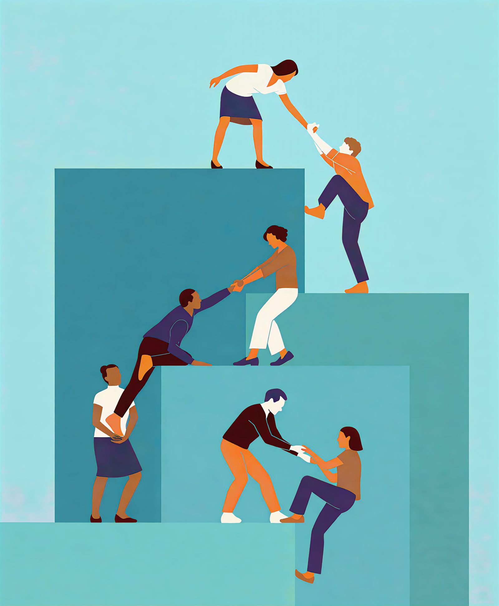 Illustration of people helping each other up a set of steps